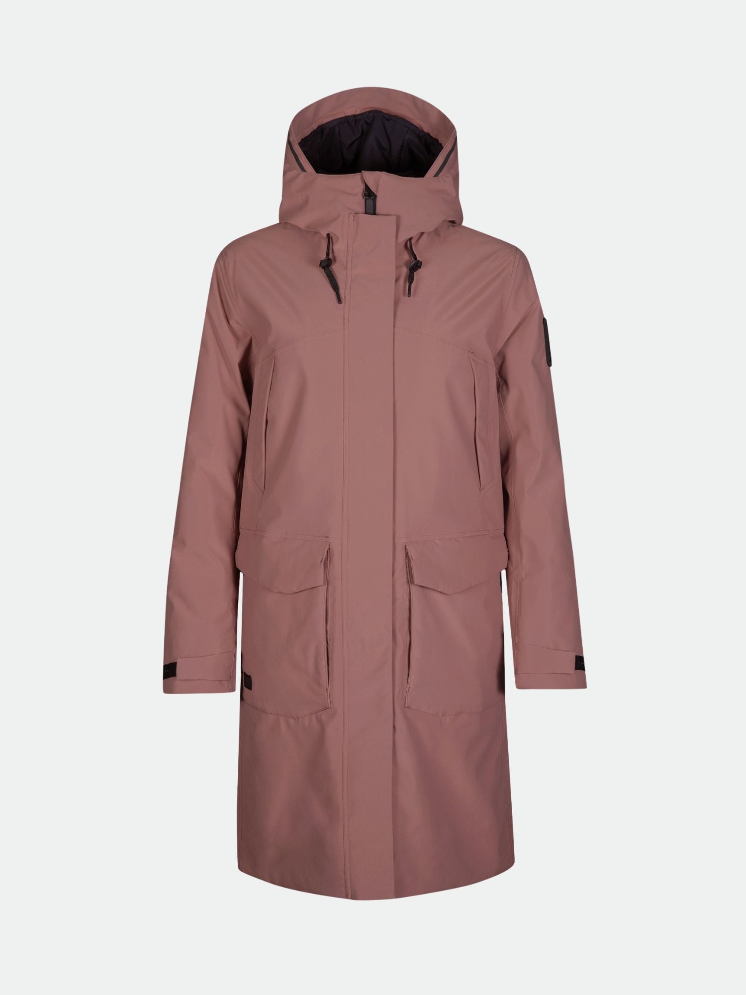 Der Halti Bergga DX Winter Parka Damen ist ein mauvefarbener Mantel mit Fronttaschen, Reißverschluss und Klettverschlüssen an Ärmeln und Kapuze.