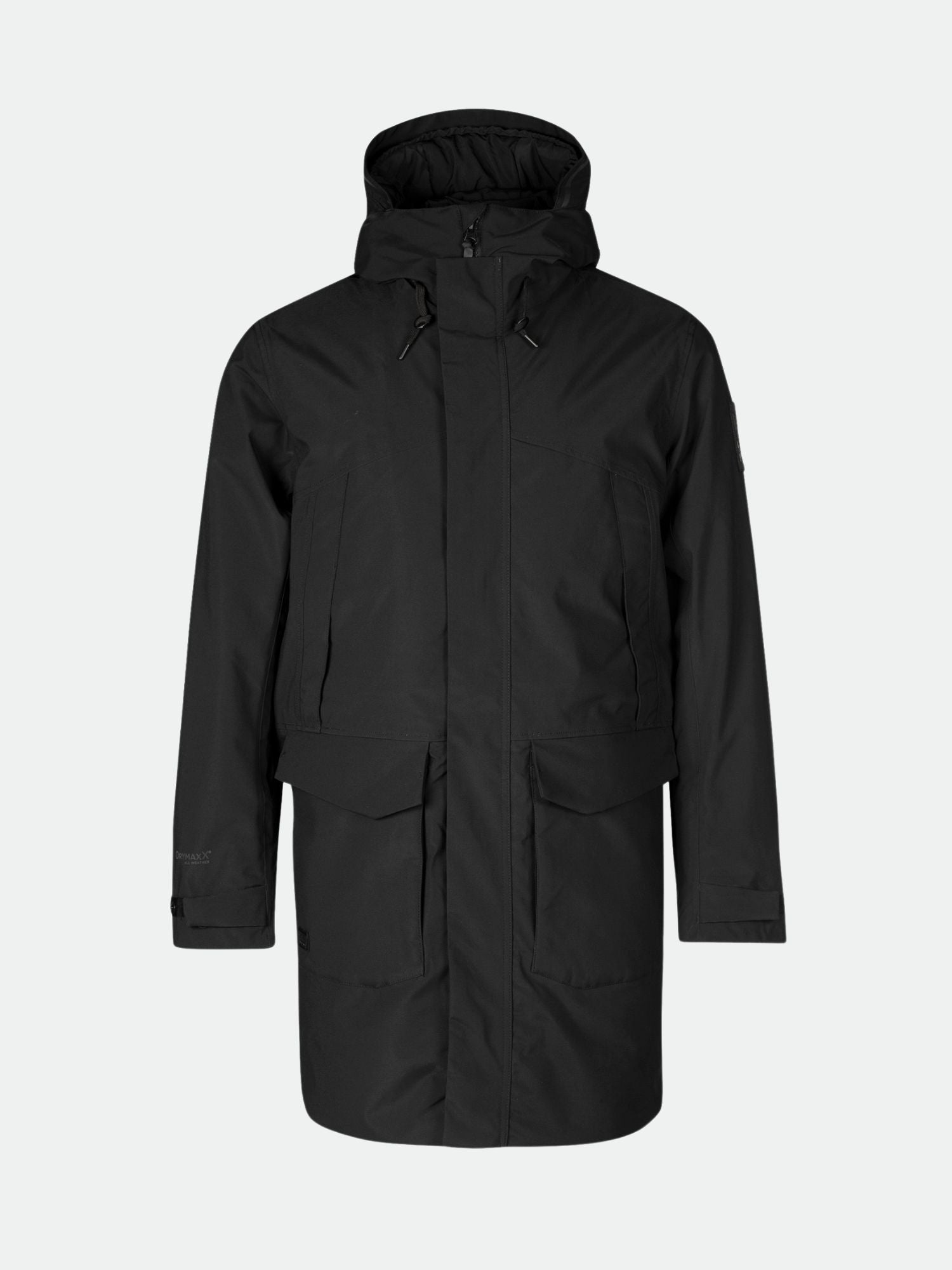 Der Halti Bergga DX Winter Parka Herren in Schwarz hat mehrere Taschen auf der Vorderseite, die auf einem schlichten, hellen Hintergrund abgebildet sind.