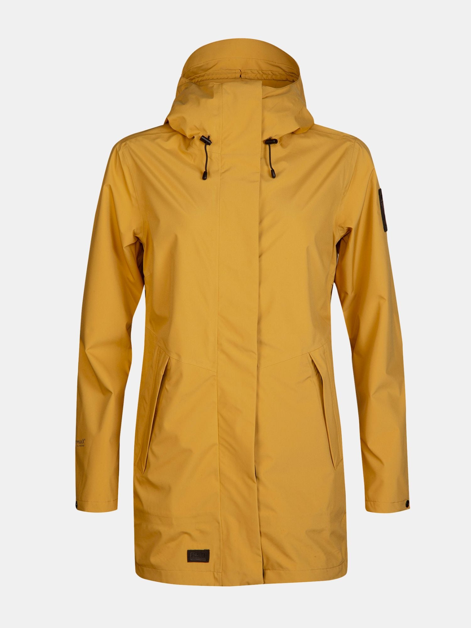 Ein langärmliger, senfgelber Halti Kurvi DrymaxX 3L Parka für Damen mit Fronttaschen auf weißem Hintergrund.