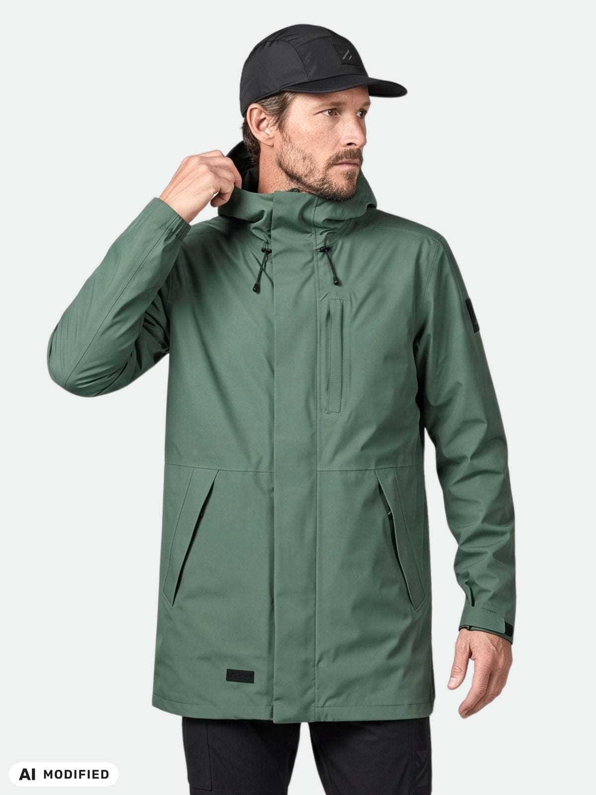 Ein Mann in einem „Halti Kurvi Herren DrymaxX 3L Parka“ und einer schwarzen Mütze passt vor einem neutralen Hintergrund seine Schutzkleidung an.