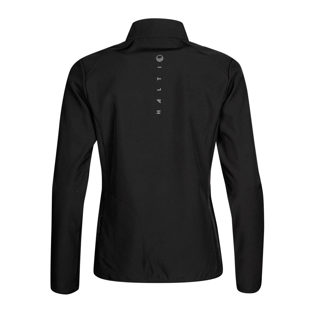 Fore Damen Softshell Jacke in Schwarz, von hinten gezeigt, Halti vertikal mittig aufgedruckt.