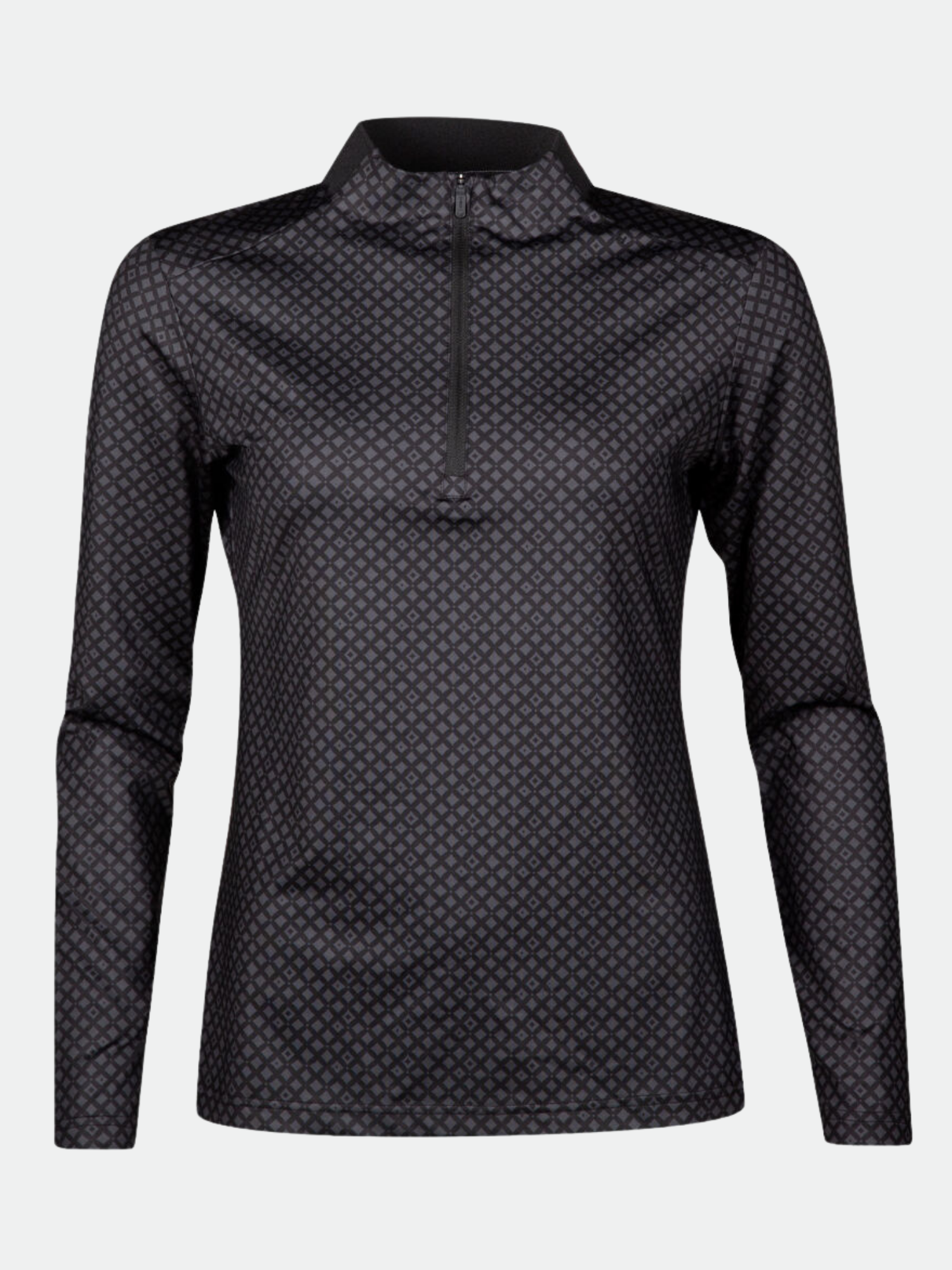Halti Fairway Damen-Shirt: schwarzes Langarmshirt mit Viertelreißverschluss und dezentem geometrischem Muster, atmungsaktives Material.