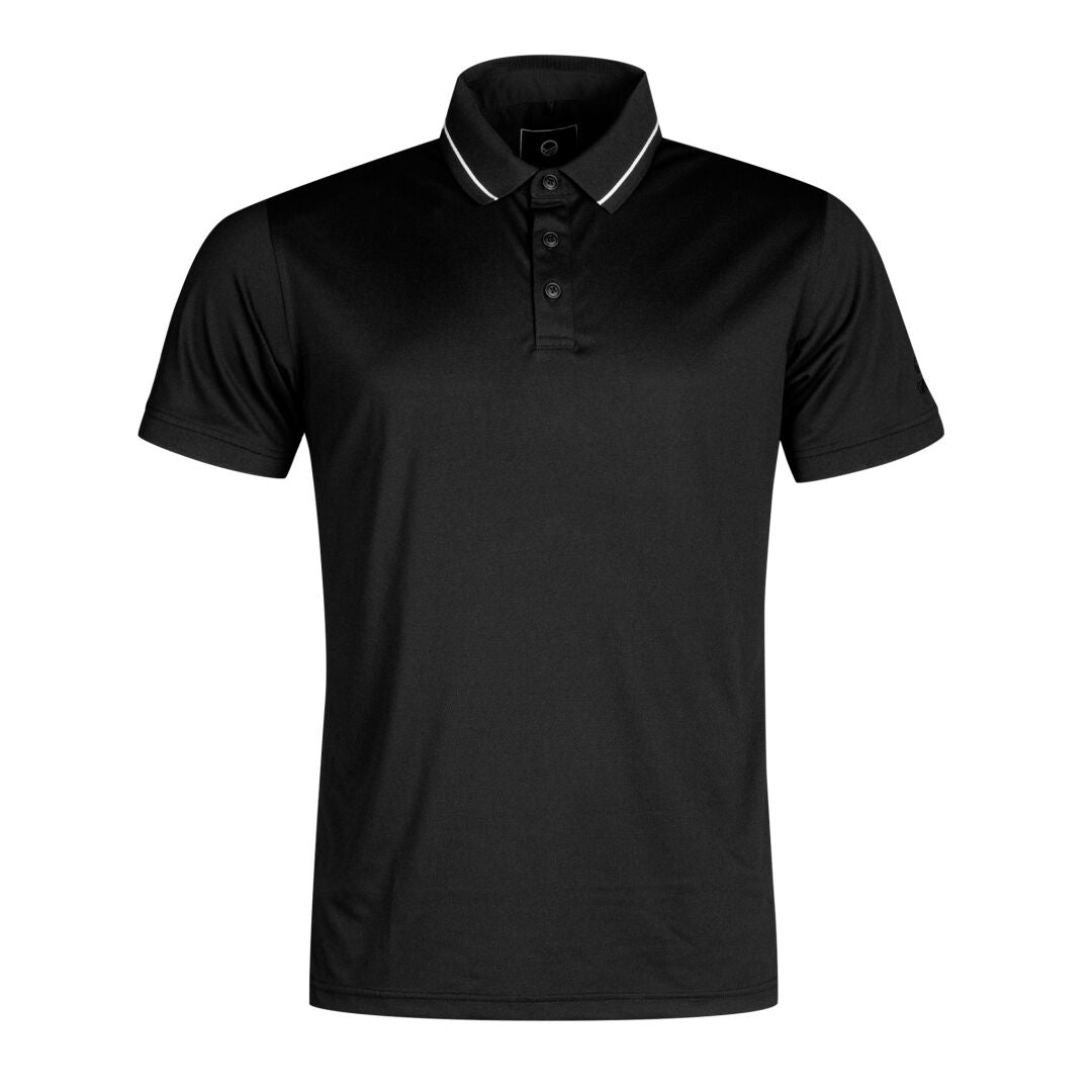 Das Halti Laine Technisches Poloshirt Herren ist schwarz mit Kragen, 3 Knöpfen, weißem Streifen – perfekt für aktive Nutzung.