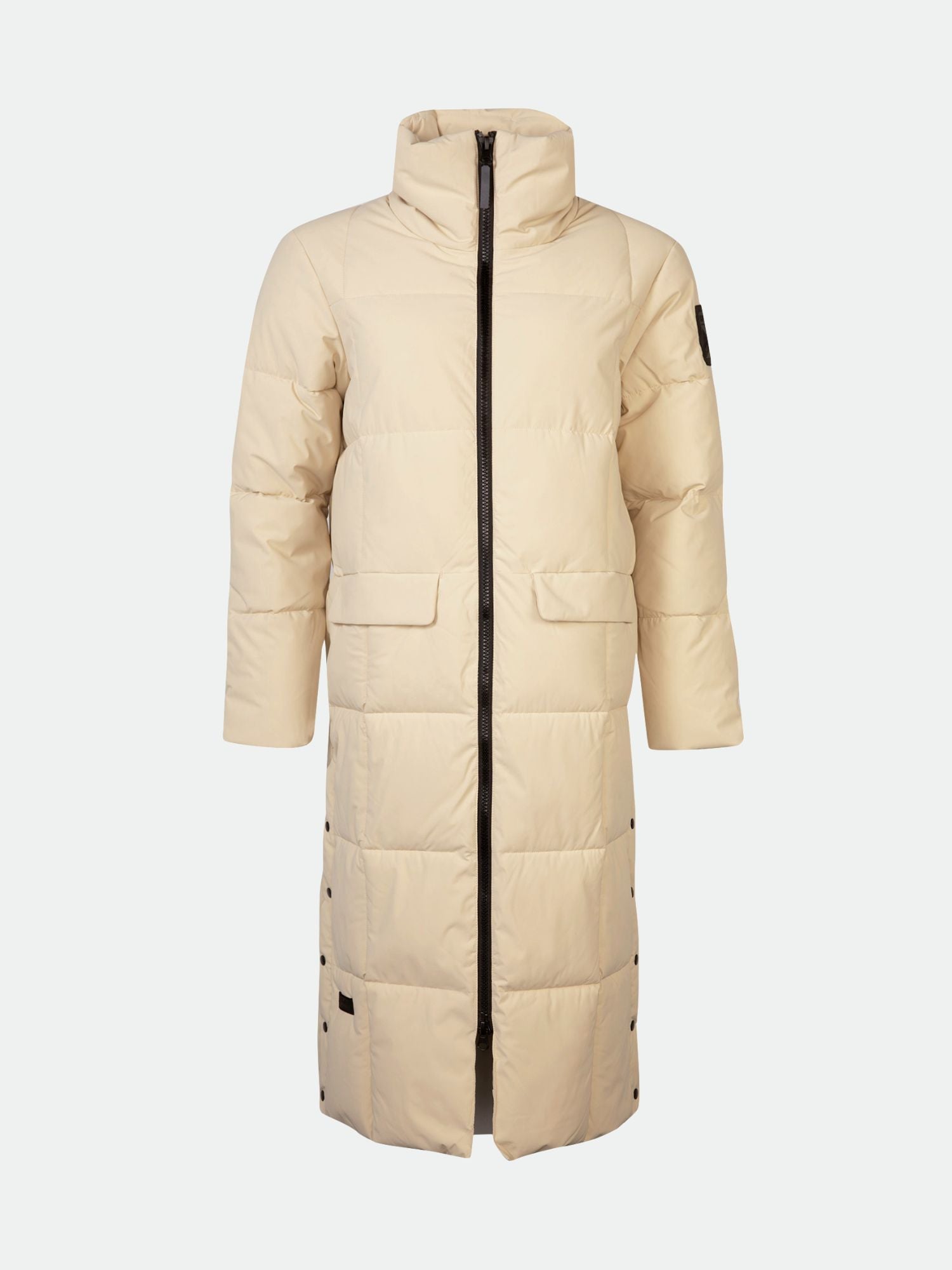 Halti Penger Winterjacke Damen: beige, hoher Kragen, DrymaxX, Frontreißverschluss, seitliche Knöpfe, 2 Pattentaschen.