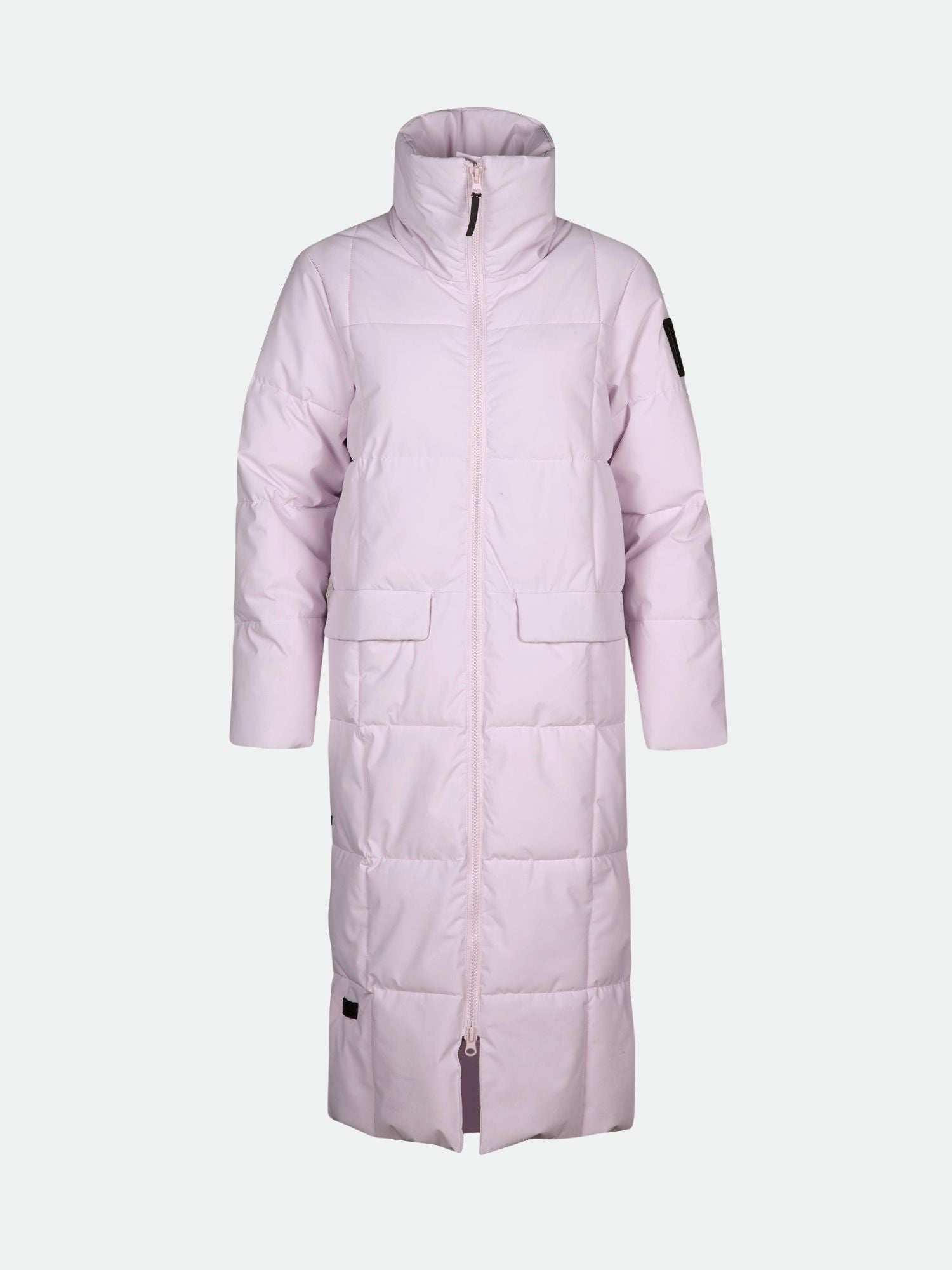 Halti Penger Winterjacke Damen: lang, hellviolett, hoher Kragen, DrymaxX Material, Frontreißverschluss, große Taschen, Ärmelaufnäher.