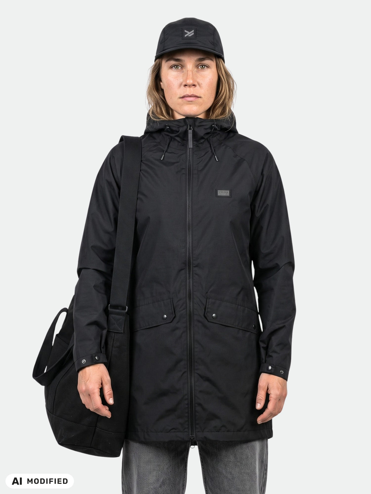 Eine Frau in einer „Halti Kevee Parka“-Jacke für Damen, mit schwarzer Mütze und Tasche steht vor einem einfarbigen Hintergrund.