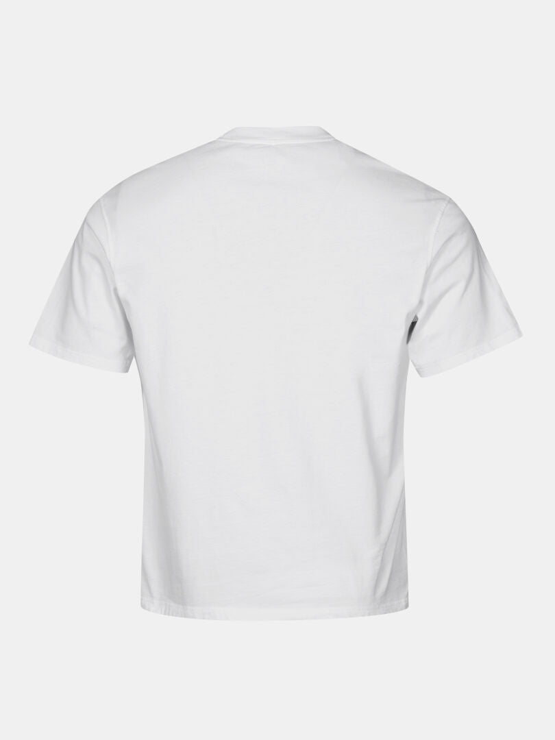 Rückansicht eines einfarbig weißen Halti Skaltsi Unisex T-Shirt auf weißem Hintergrund.