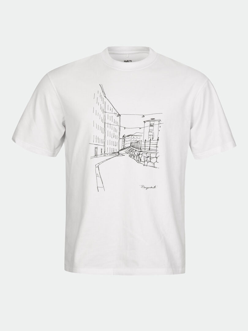 Skaltsi T-Shirt Unisex aus Bio-Baumwolle von Halti mit City-Line-Art und Perspective-Schriftzug.