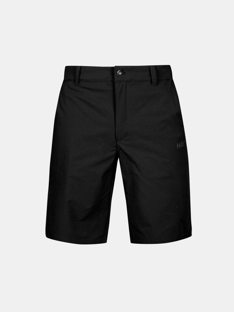 Halti Drive Stretch Shorts Herren: schwarze, knielange, atmungsaktive Outdoor-Shorts mit Gürtelschlaufen, Knopf und dezentem Logo.