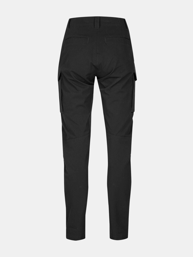 Rückansicht der Halti Roams Cargo Hosen Damen aus elastischem Ripstop mit Seiten- und Leistentaschen auf weißem Hintergrund.