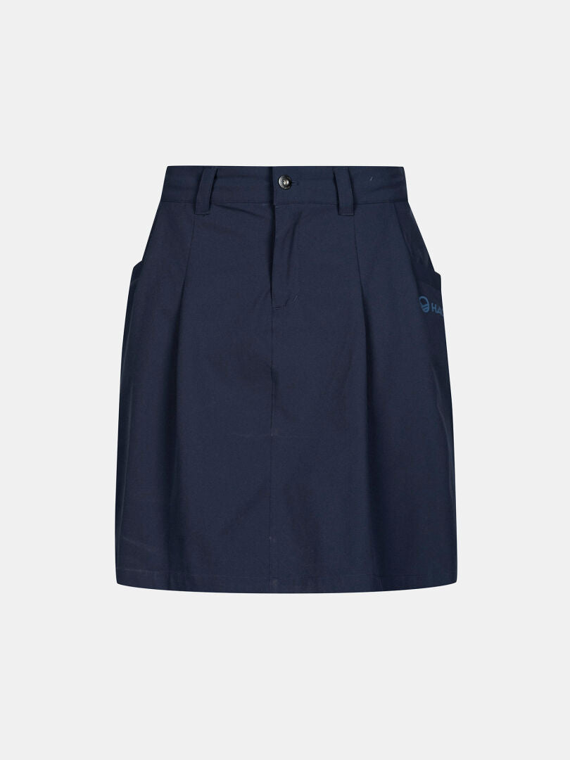 Der Halti Drive X-Stretch Skort Damen in Marineblau hat Gürtelschlaufen, Falten und Taschen – ideal für Outdoor-Aktivitäten.