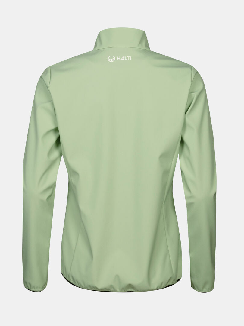 Die Halti Wedge Softshell Jacke Damen in Hellgrün, von hinten mit Logo abgebildet – perfekt für Outdoor-Aktivitäten.