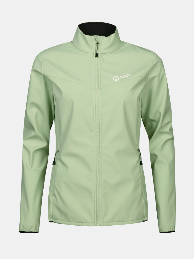 Die Halti Wedge Softshell Jacke Damen hat einen Stehkragen, Reißverschlusstaschen und ist ideal für Outdoor-Aktivitäten.