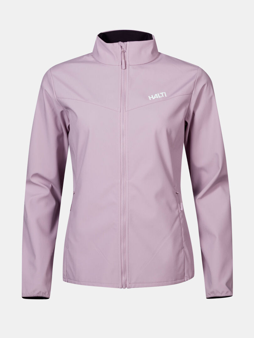 Hellviolette Wedge Softshell Jacke Damen von Halti, winddicht, recycelte Materialien, HALTI Logo auf der linken Brust.