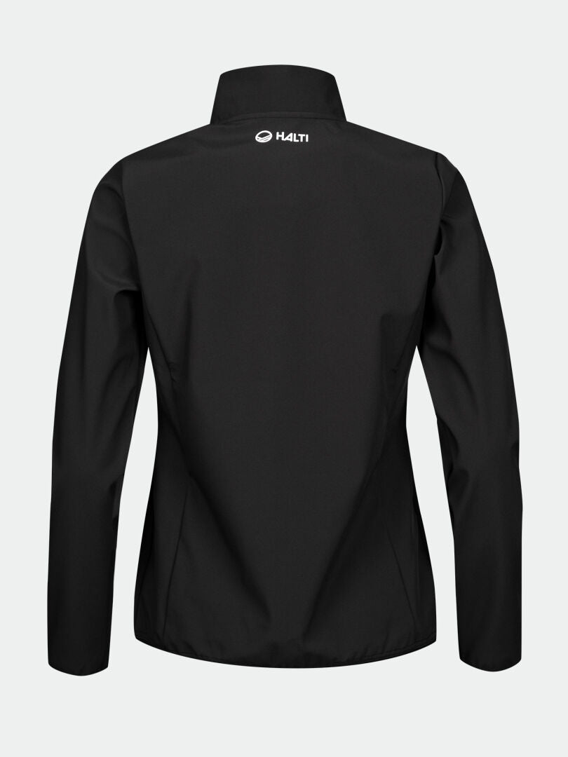 Die Halti Wedge Softshell Jacke Damen in Schwarz mit hohem Kragen – perfekt für Outdoor-Aktivitäten.