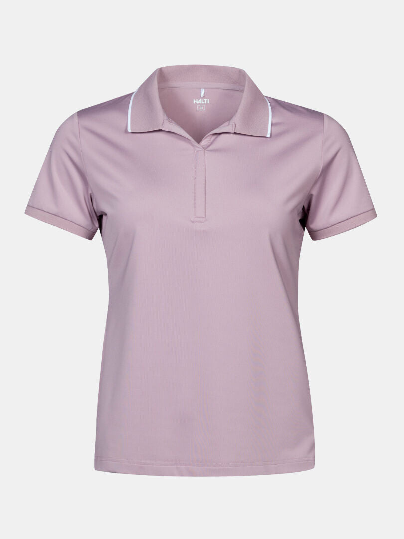Das Halti Swingi Technishes Poloshirt Damen ist ein kurzärmeliges, hellviolettes Poloshirt mit Kragen und weißem Ausschnittbesatz.