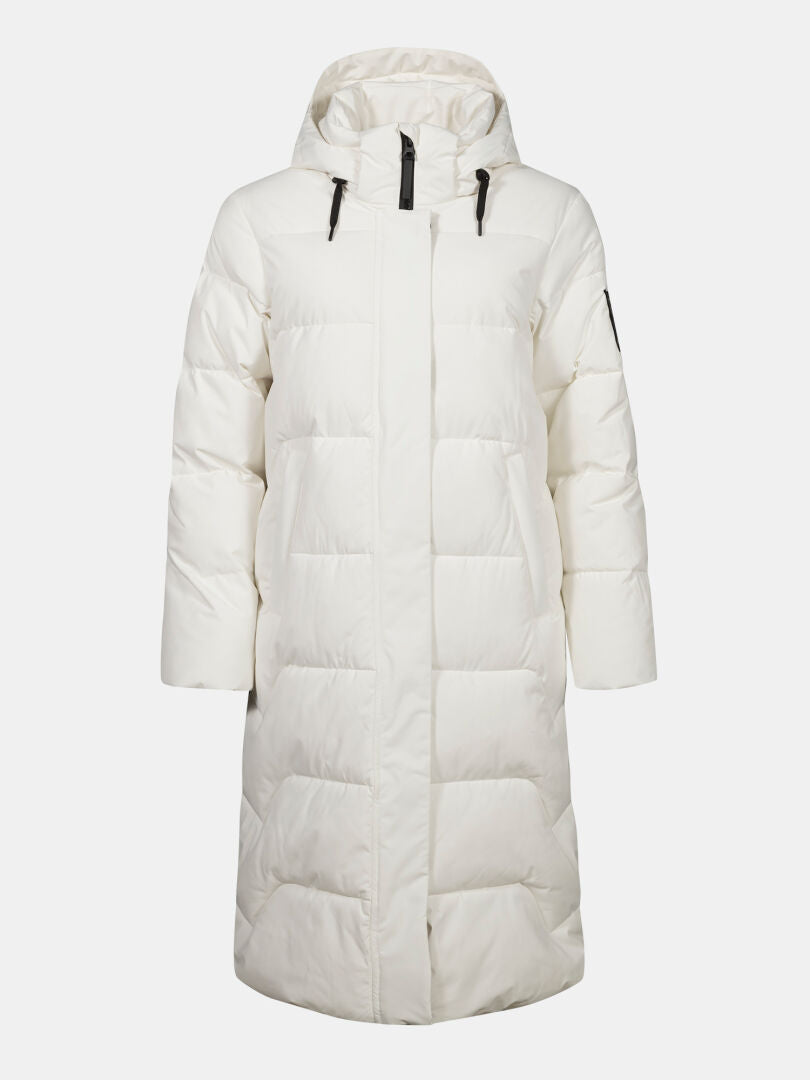 Halti Brahe Puffer Long Winterjacke Damen: weiß, recyceltes Polyester, Kapuze, Zipper, schwarze Kordeln.