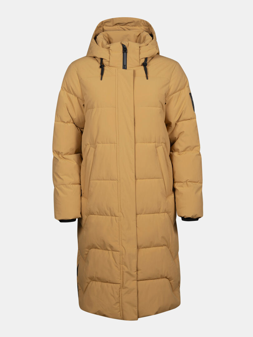 Halti Brahe Puffer Long Winterjacke Damen aus recyceltem Polyester mit Kapuze, Zipper und Steppmuster.
