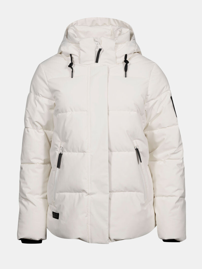 Halti Brahe Puffer Winterjacke für Damen aus recyceltem Polyester mit Kapuze, schwarzen Zippern und zwei Fronttaschen.