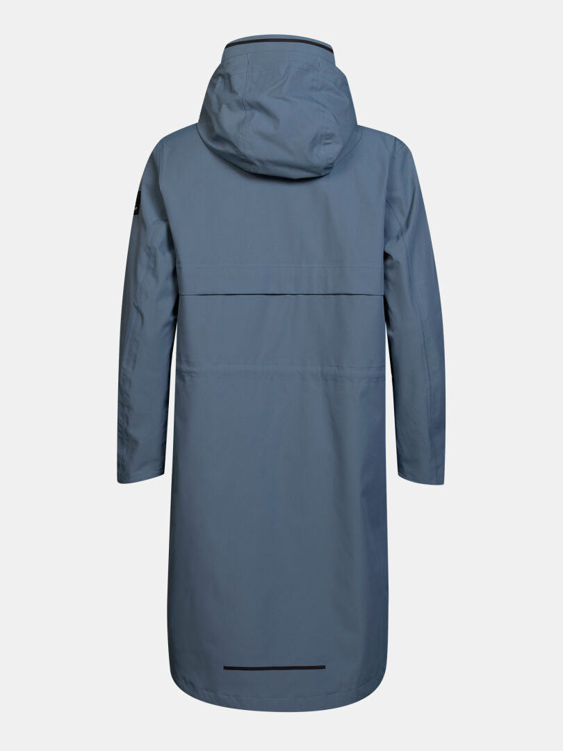 Halti Tokoi II DX Parkajacke für Damen: langer blauer Parka mit Kapuze, Rückansicht, vor einem schlichten weißen Hintergrund.