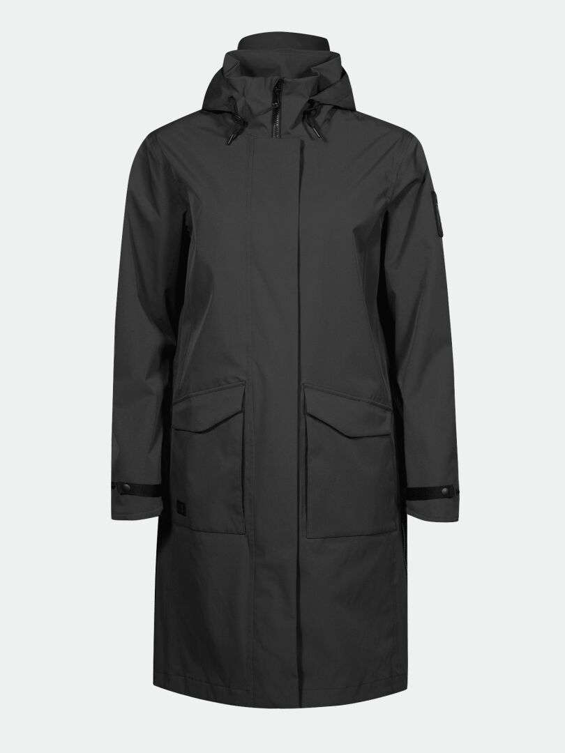 Die Halti Tokoi II DX Parkajacke Damen ist ein langer schwarzer Parka mit Kapuze, Pattentaschen, Reißverschluss und recyceltem Polyester.