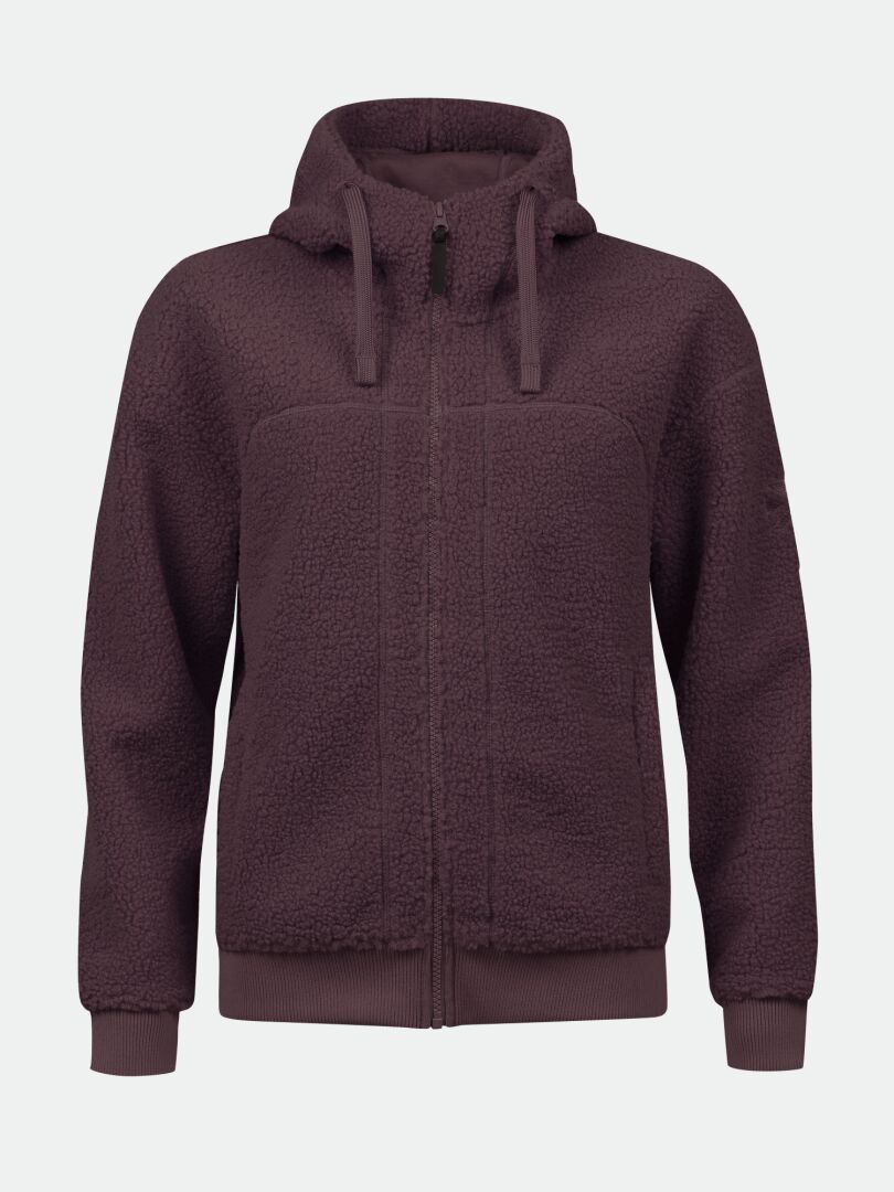 Die Halti Lykky Fleece Jacke Damen ist aus recyceltem Polyester gefertigt, mit Fronttaschen und einer Kapuze mit Kordelzug.