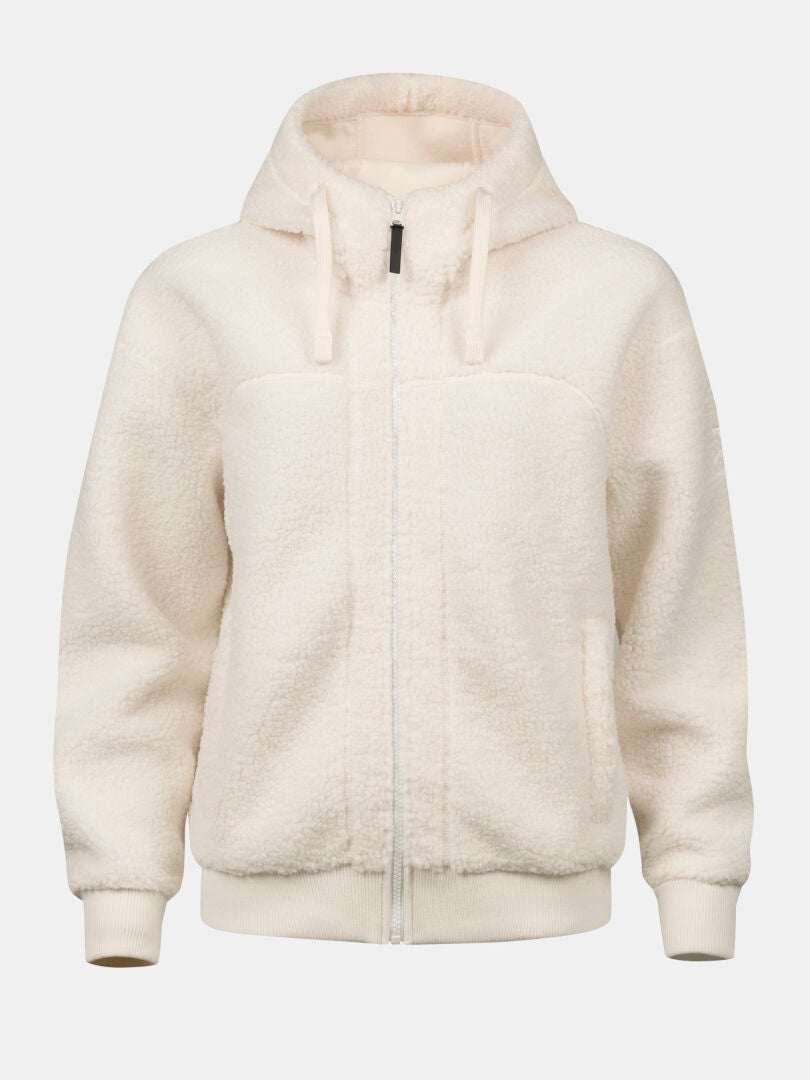 Halti Lykky Fleece Jacke Damen aus recyceltem Polyester mit Fronttaschen und Rippbündchen vor weißem Hintergrund.