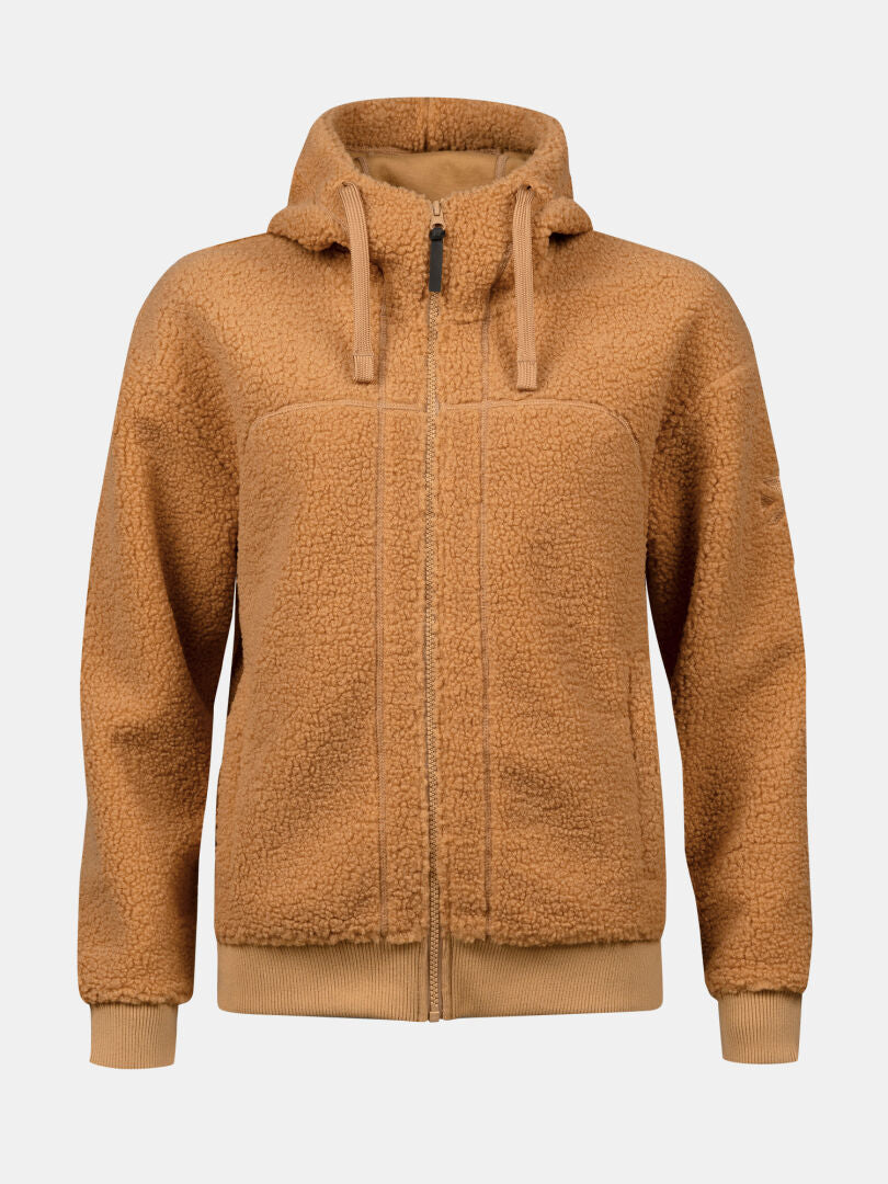 Halti Lykky Fleece Jacke Damen: brauner Kapuzenpulli mit Reißverschluss, recyceltes Polyester, Vordertaschen, Rippbündchen.