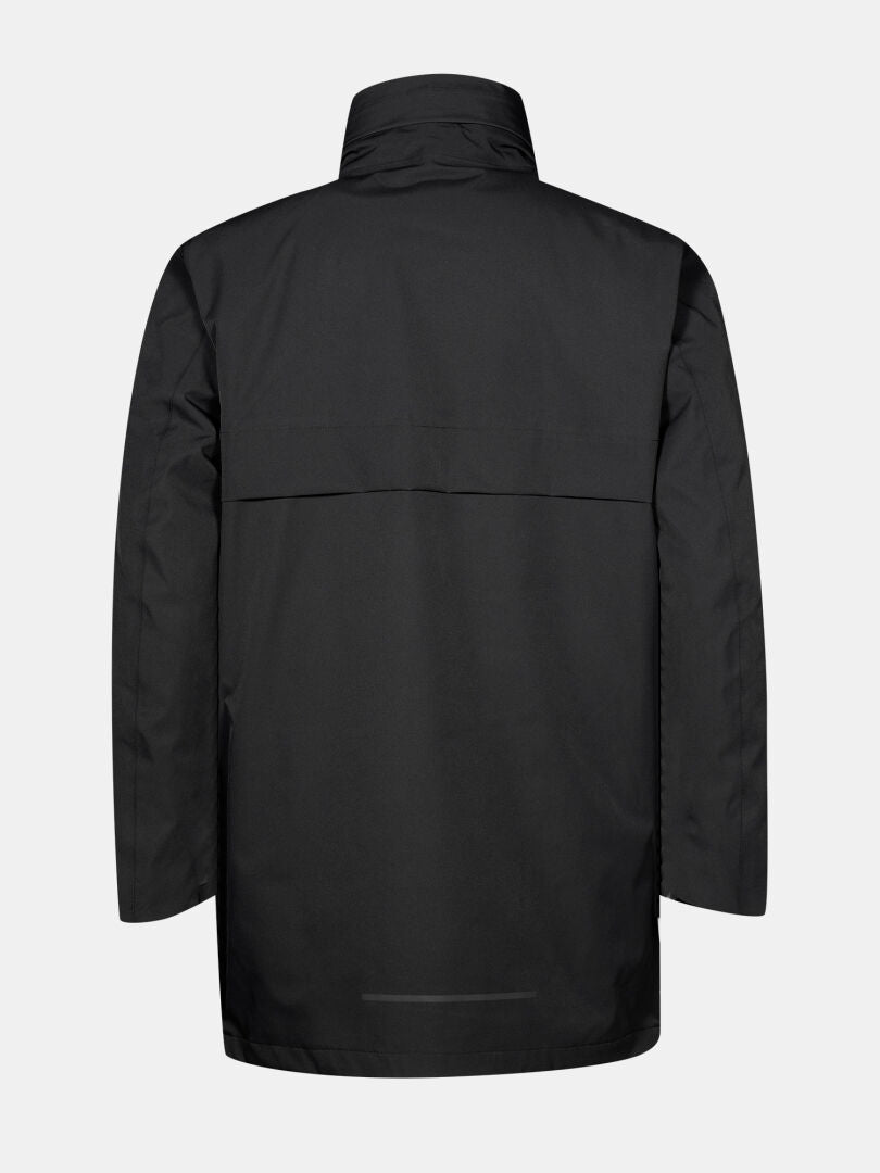 Der Halti Synkas II 3in1 DX Parka Herren ist eine schwarze, wasserdichte Outdoorjacke mit langen Ärmeln, abgebildet von hinten.