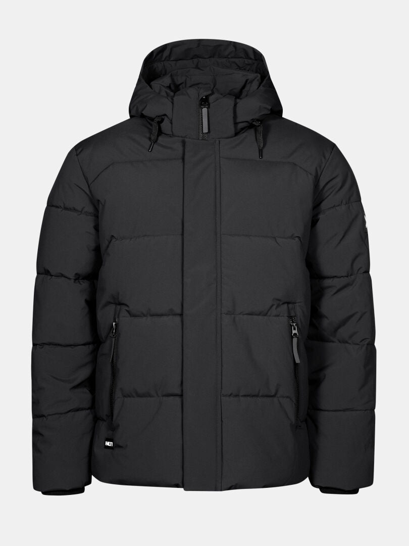 Die Halti Brahe Puffer Winterjacke Herren aus recyceltem Polyester mit Kapuze und Zipper vor neutralem Hintergrund.