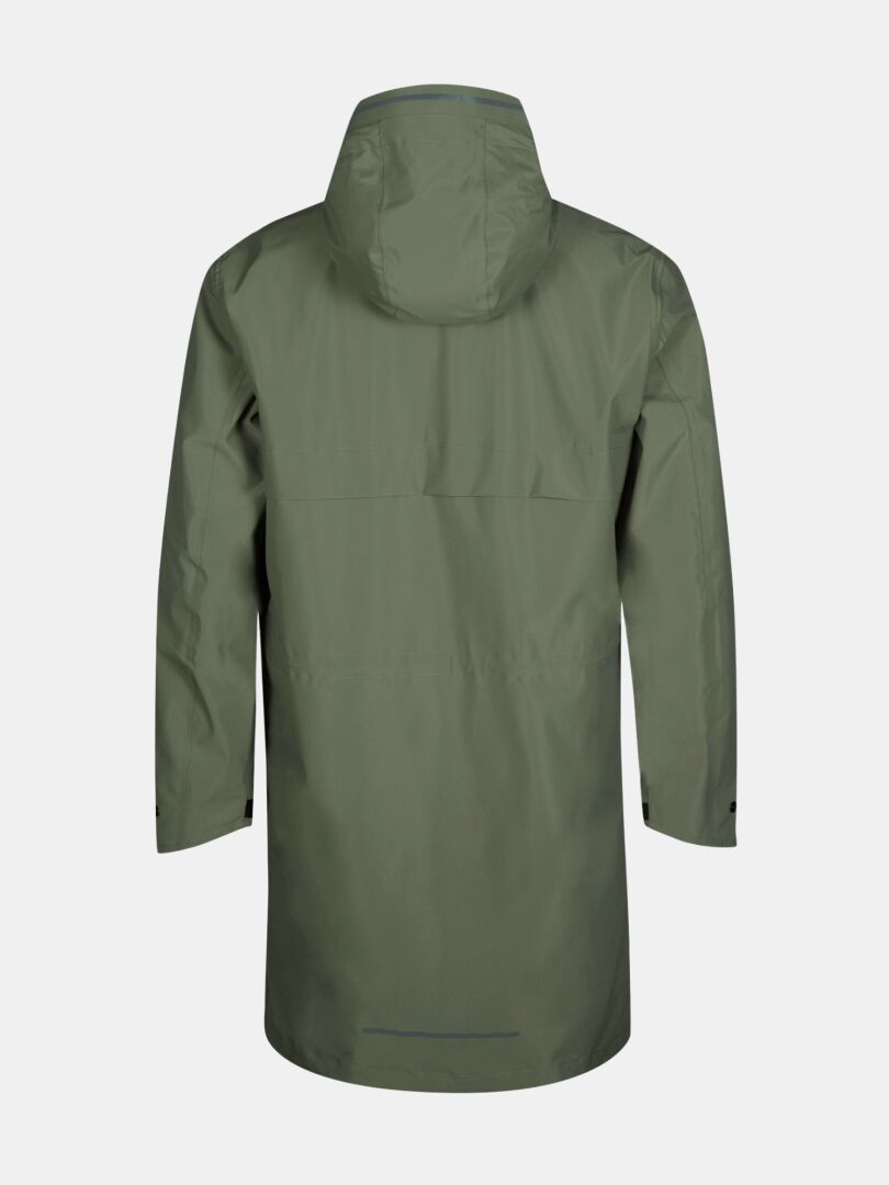 Die Halti Tokoi II DX Parka Jacke Herren in olivgrün, von hinten mit Kapuze vor einem hellen Hintergrund dargestellt.