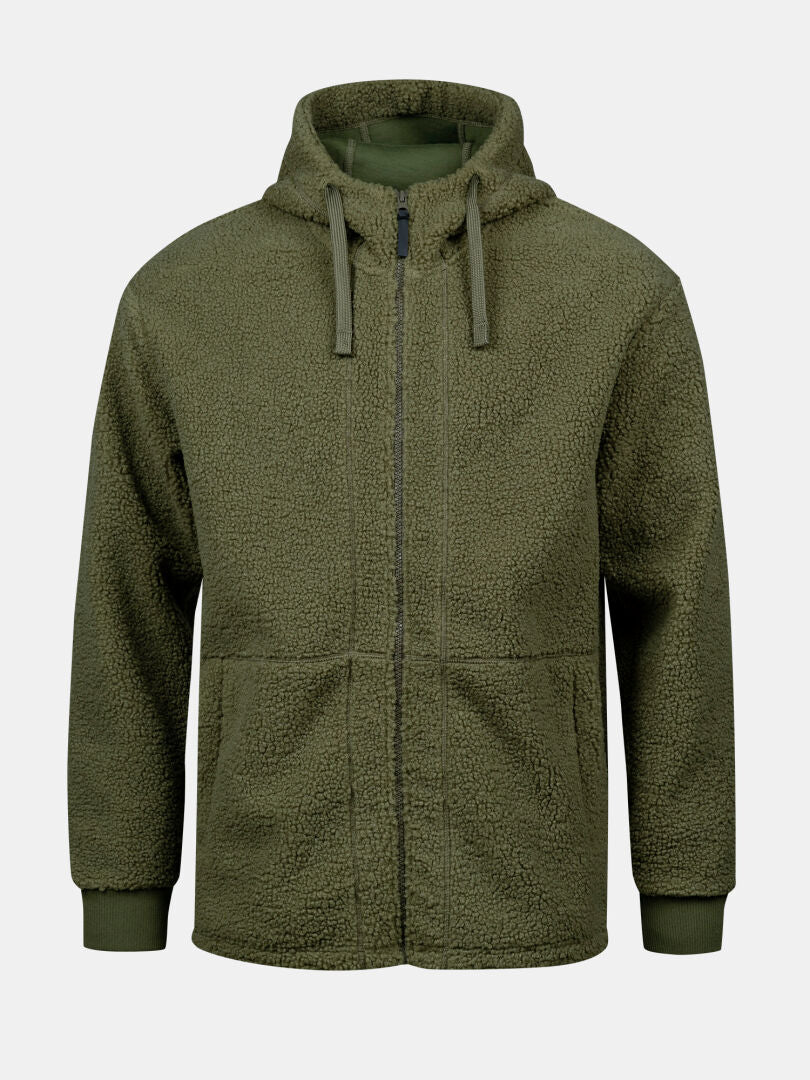 Halti Lykky Fleece Jacke Herren in Olivgrün aus recyceltem Polyester mit Kapuze, Taschen und Rippbündchen.