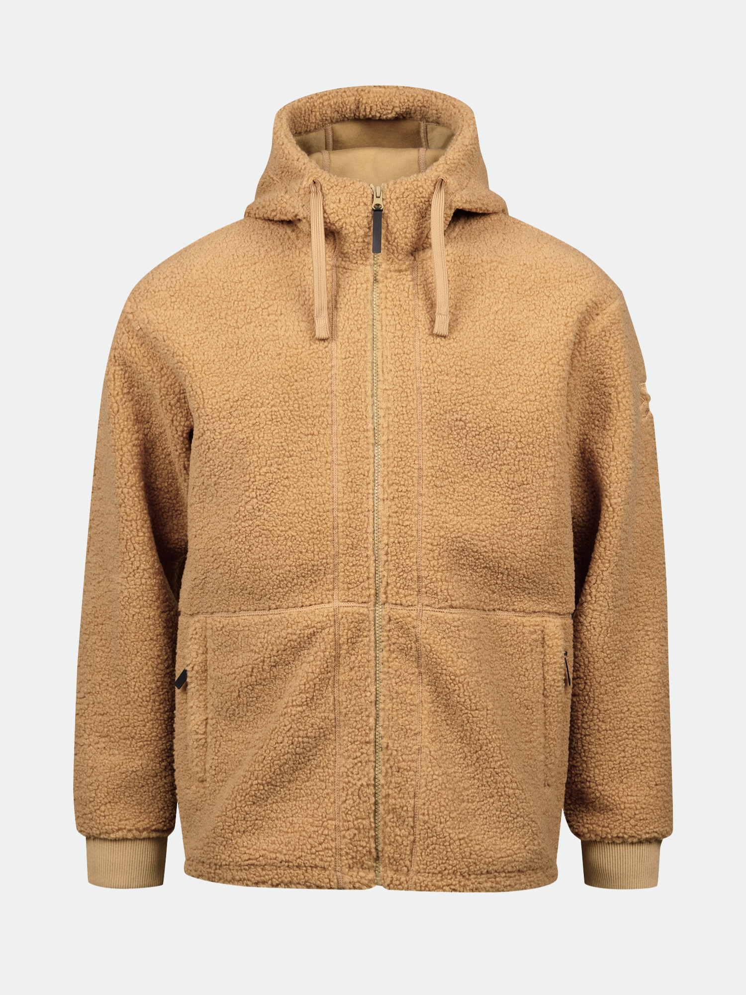 Halti Lykky Fleece Jacke Herren: Tan, recyceltes Polyester, Hoodie-Design, Fronttaschen & gerippte Bündchen.