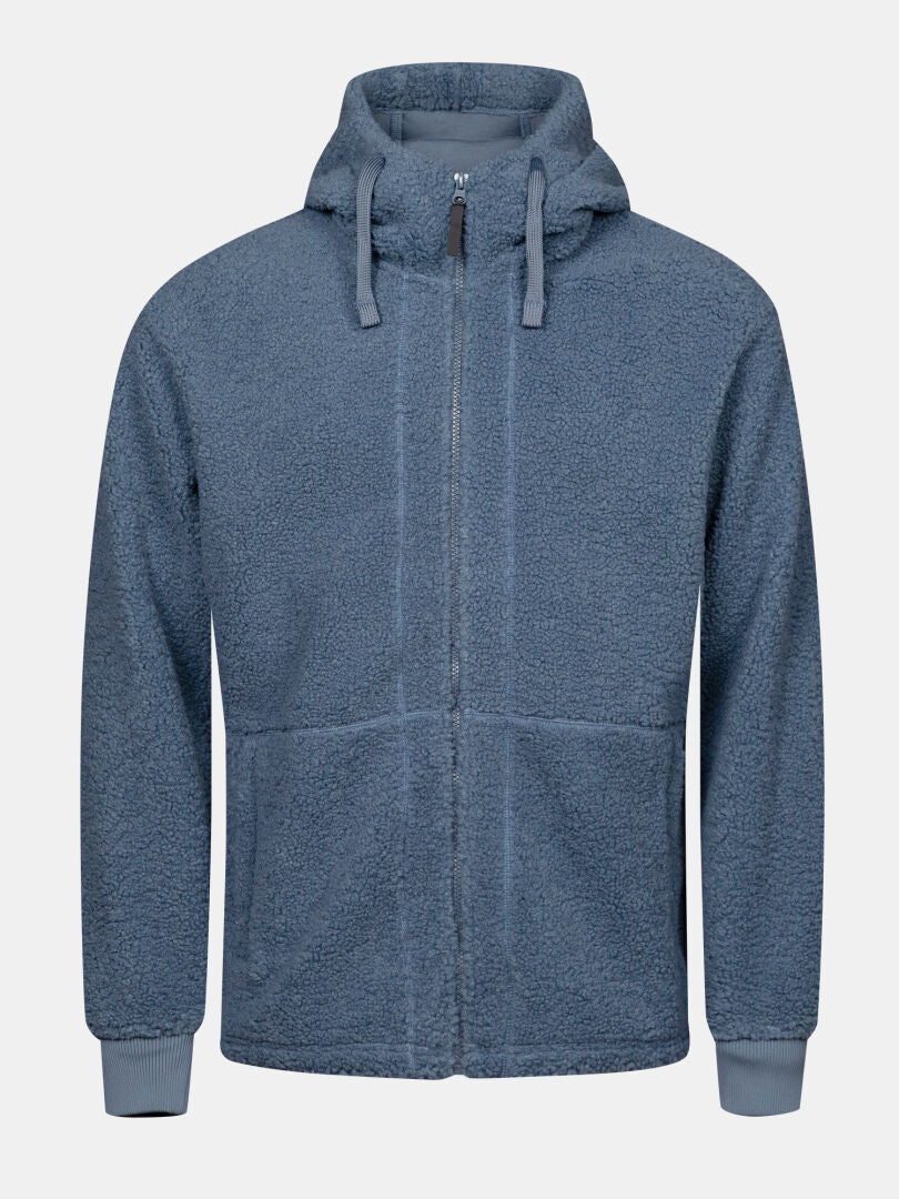 Halti Lykky Fleecejacke für Herren in Grau mit Kapuze, Vordertaschen und gerippten Bündchen vor weißem Hintergrund.