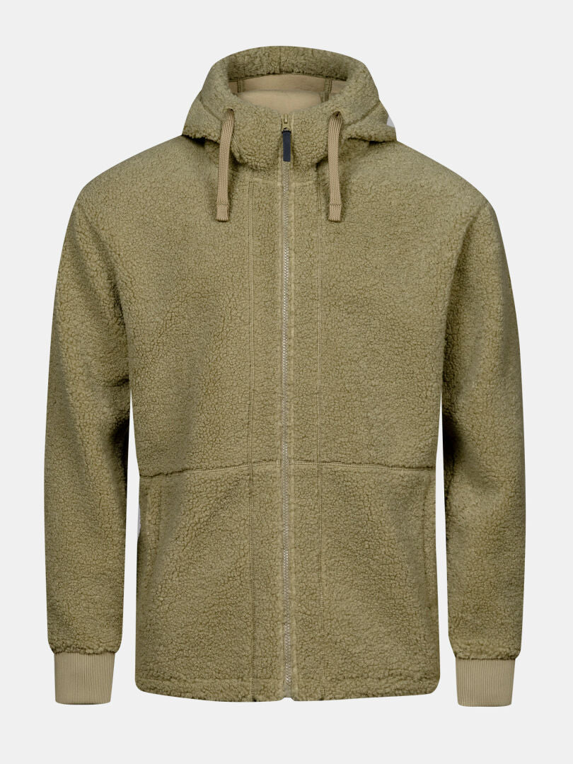 Die Halti Lykky Fleecejacke für Herren in Khaki verfügt über eine Kapuze, Vordertaschen und gerippte Bündchen für angenehmen Tragekomfort.