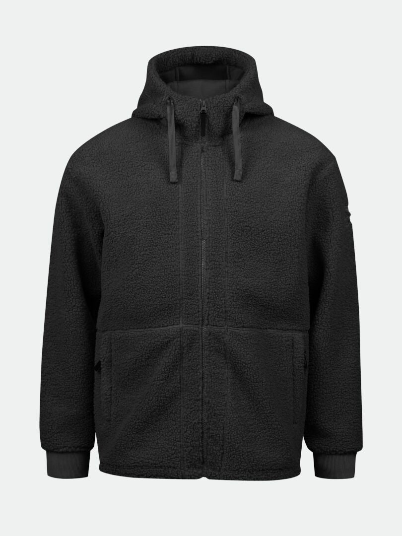Halti Lykky Fleece Jacke Herren: schwarze Zip-Fleecejacke aus recyceltem Polyester mit Kapuze, Kordeln und Taschen.