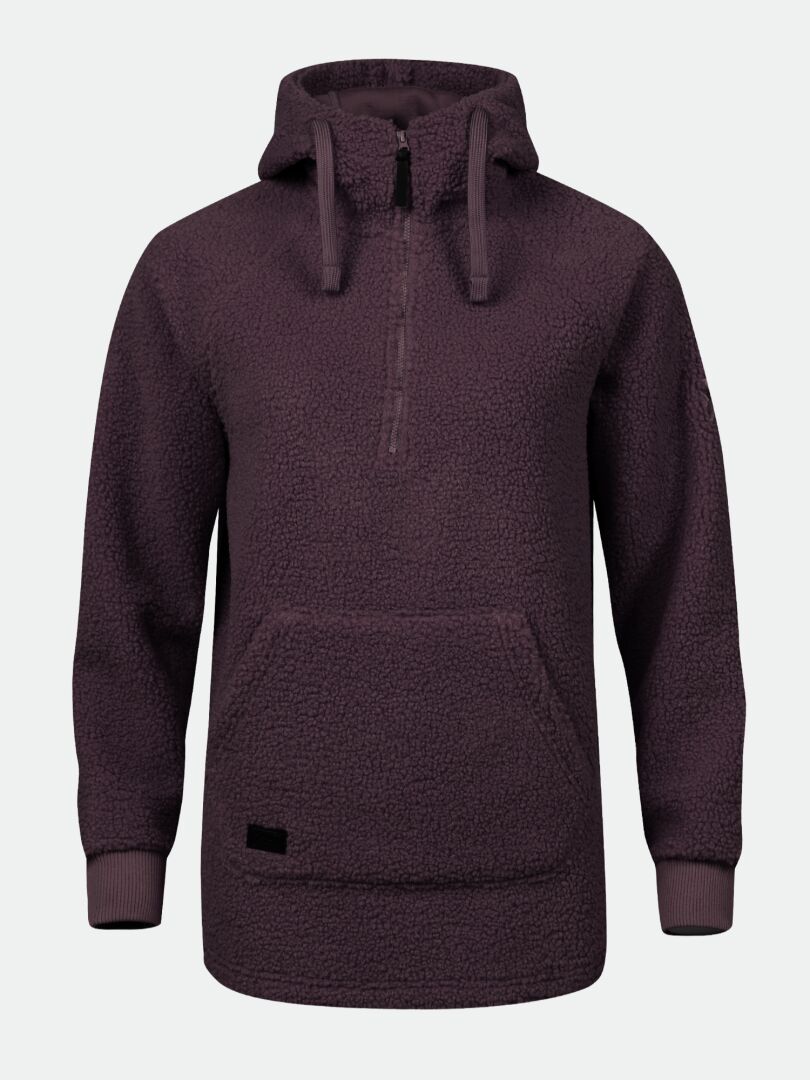 Der Halti Lykky Fleecepullover Damen ist ein dunkelvioletter Teddyfleece-Kapuzenpulli mit Rippbündchen, hergestellt aus recyceltem Polyester.