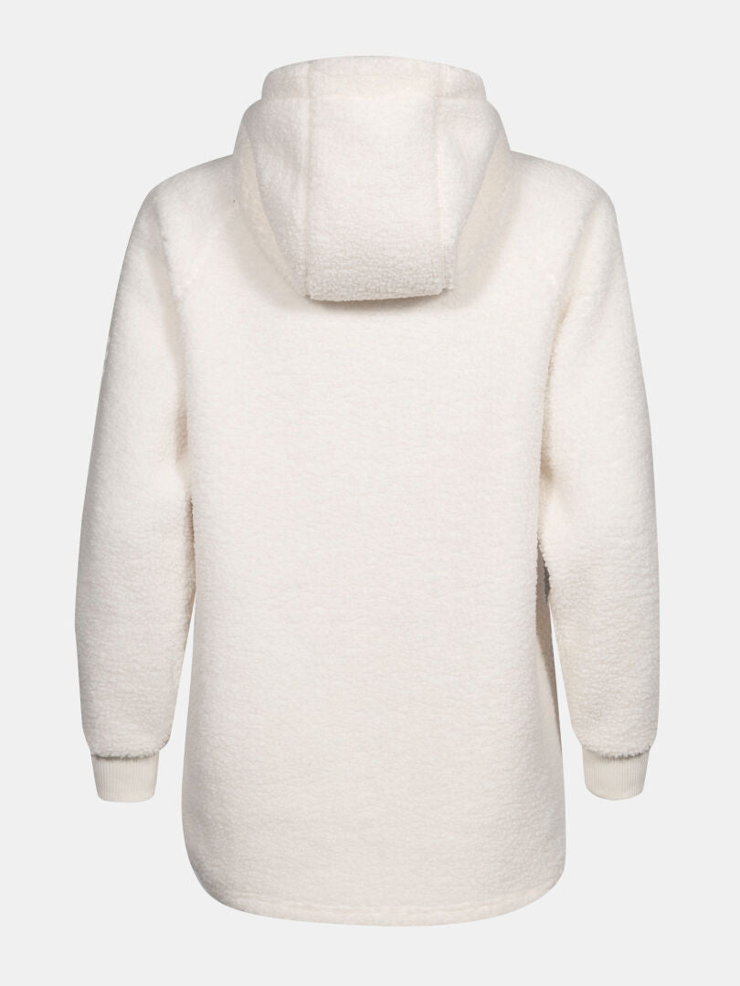 Rückenansicht eines weißen Halti Lykky Fleecepullover Damen Kapuzenpullovers mit Rippbündchen, abgebildet auf einem einfarbigen Hintergrund.