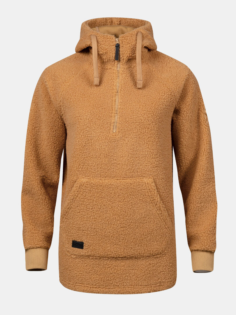Lykky Fleecepullover Damen von Halti: Tan, halber Reißverschluss, Kängurutasche, Rippbündchen, recyceltes Polyester.