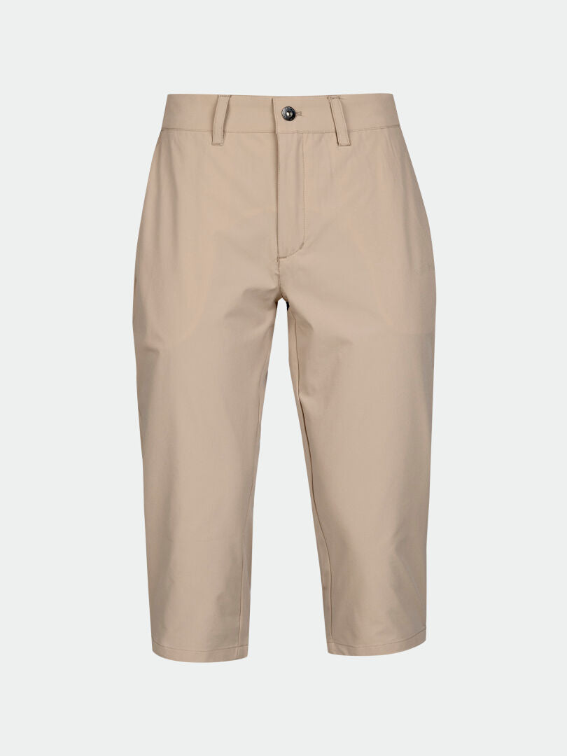 Halti Drive X-Stretch Caprihose Damen Plus: Beige, knielang, UPF 50+, Stretch, Gürtelschlaufen und Seitentaschen.