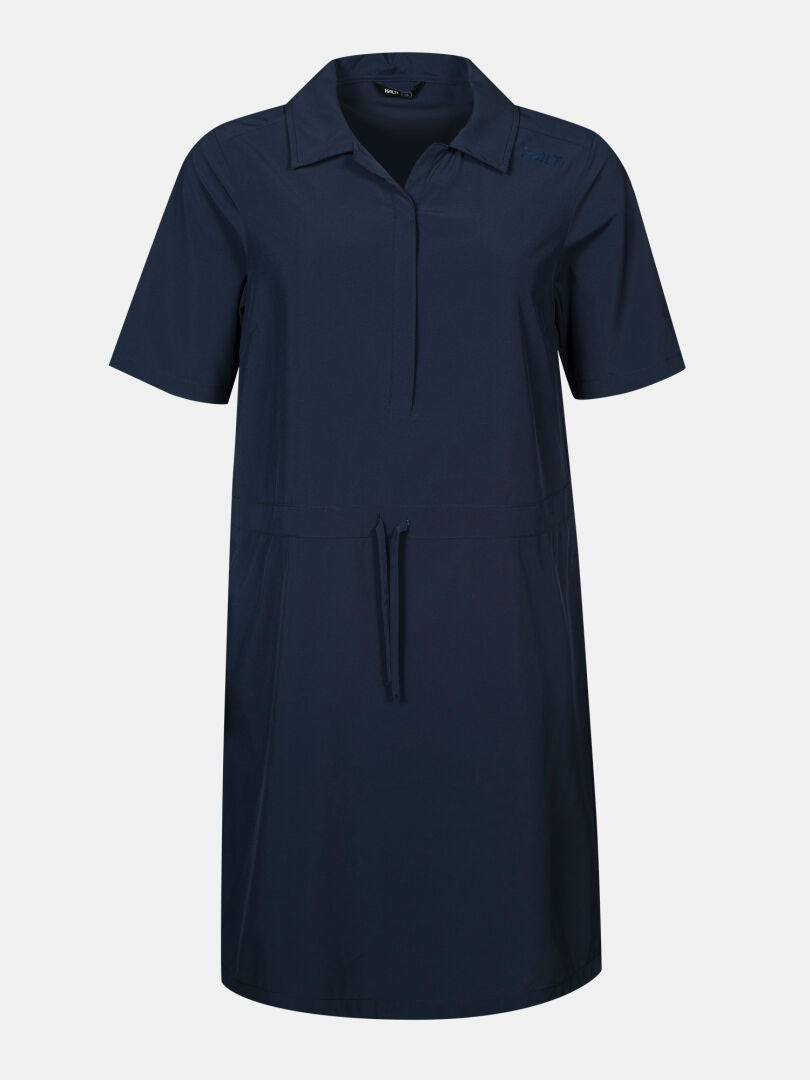 Halti Chipper II X-stretch Kleid Damen in navy blau, kurze Ärmel, Kragen, Kordelzug in der Taille, schnelltrocknend.