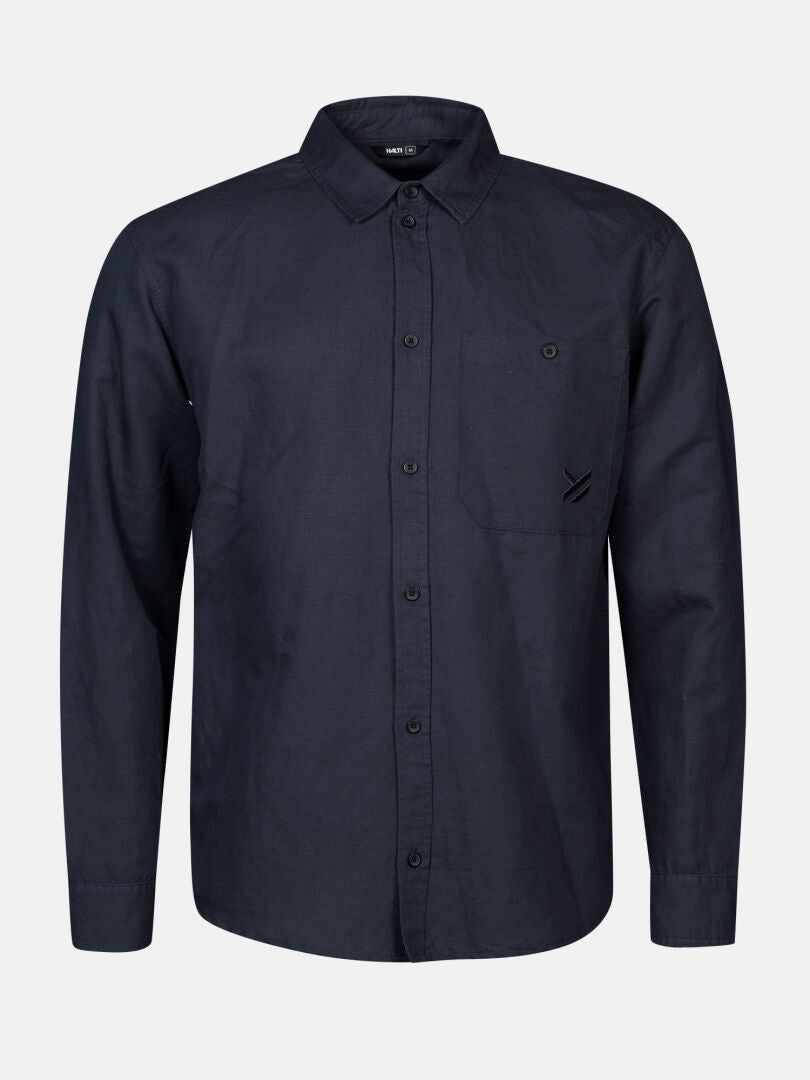 Das Halti Notsgi Langarm Hemd Herren aus Hanf-Bio-Baumwolle in Navy mit Brusttasche und Sticklogo.