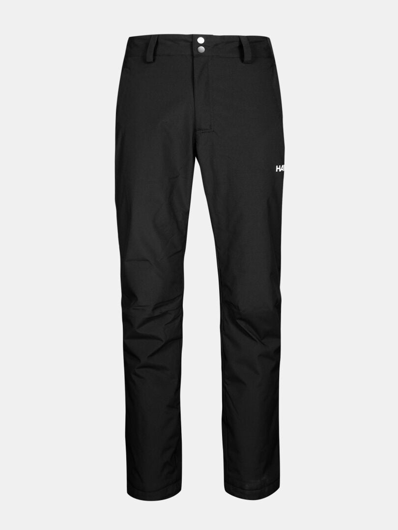 Vorderansicht der Halti Routa Short Winterhose für Herren, schwarz, gerader Schnitt, mit Knopf und Reißverschluss auf weißem Hintergrund.