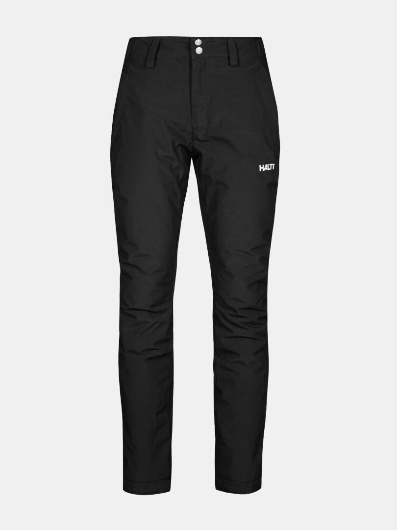 Halti Routa Short Winterhose für Damen, schwarz, gerader Schnitt, zwei Knöpfe am Bund, Stormwall HV-Membran, HULT-Logo auf dem linken Oberschenkel.