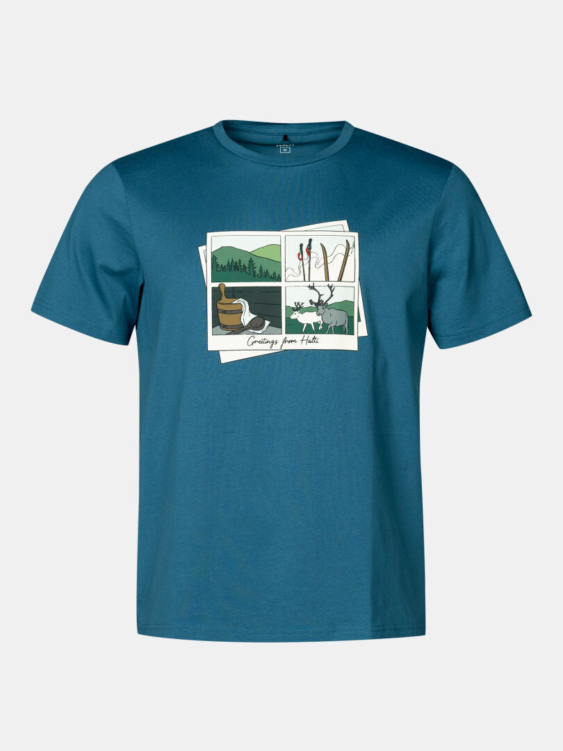 Halti Matka II T-Shirt Herren, blau, Bio-Baumwolle, vier Postkartendrucke, UPF 30+, Text