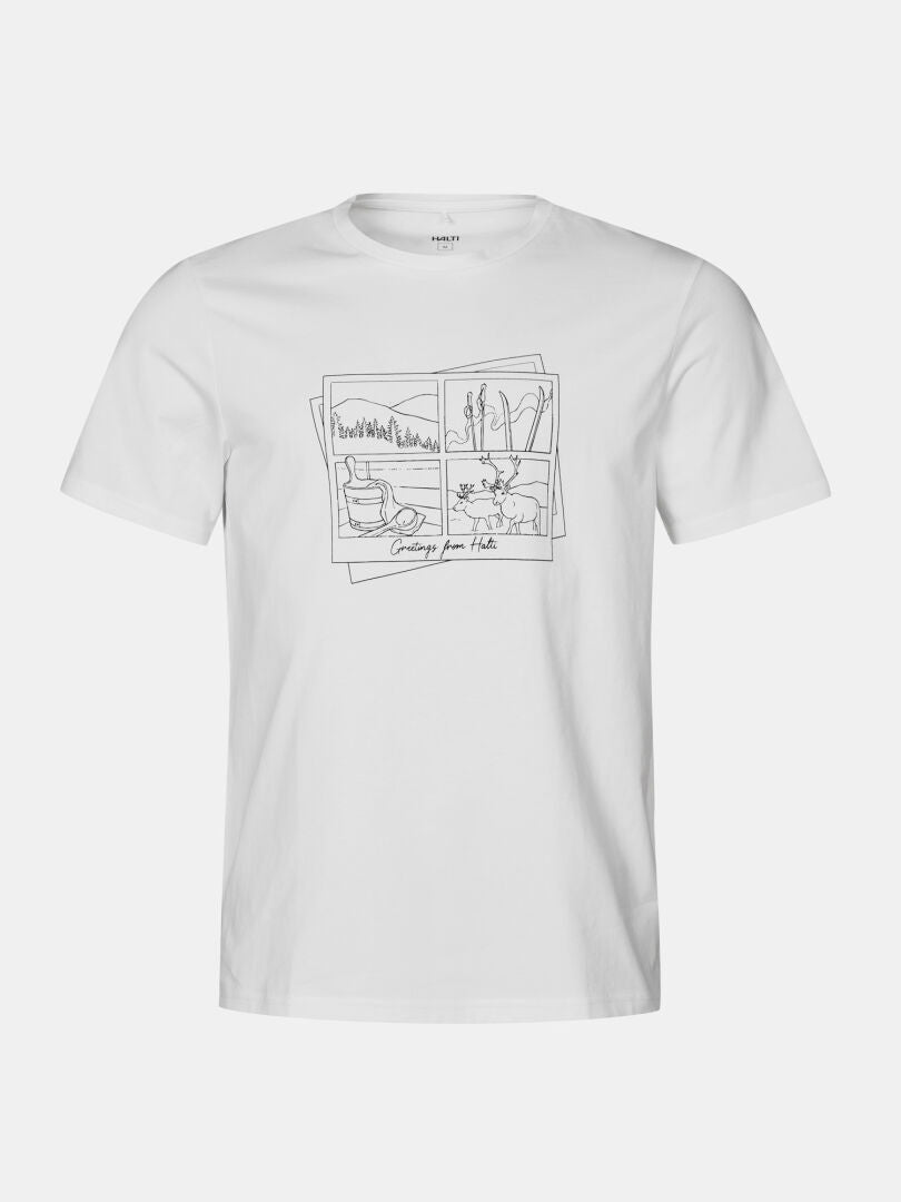 Halti Matka II T-Shirt Herren: Weiß, kurzärmelig, Postkarten- und Pflanzendruck, UPF 30+,