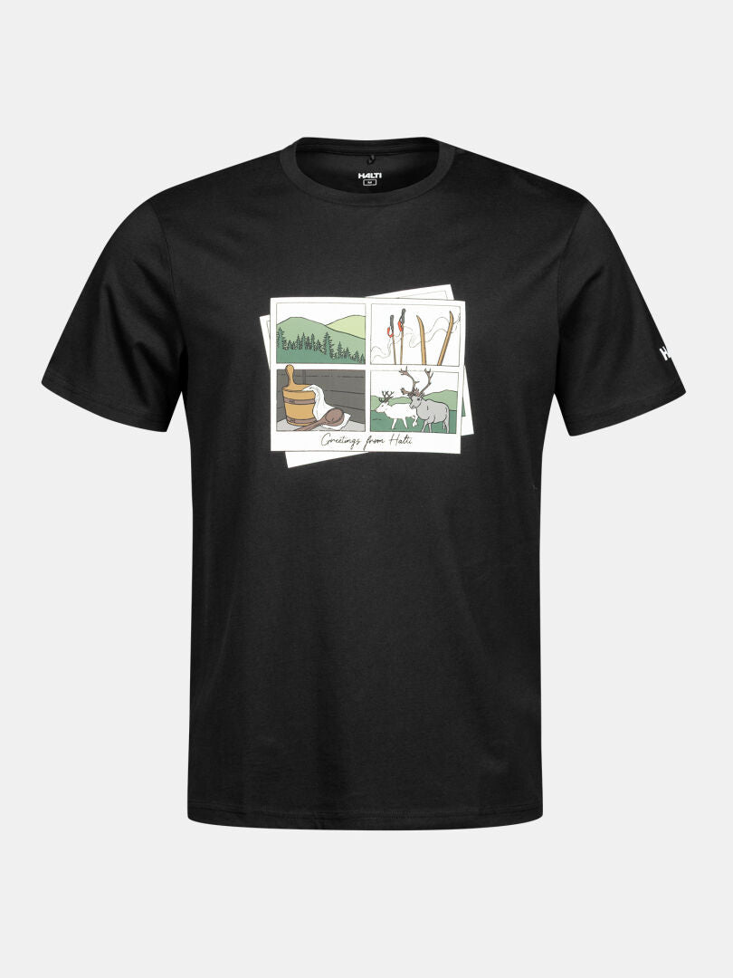 Halti Matka II T-Shirt Herren: Schwarze Bio-Baumwolle, drei Postkartenprints - eine stilvolle Wahl für Wanderfreunde.
