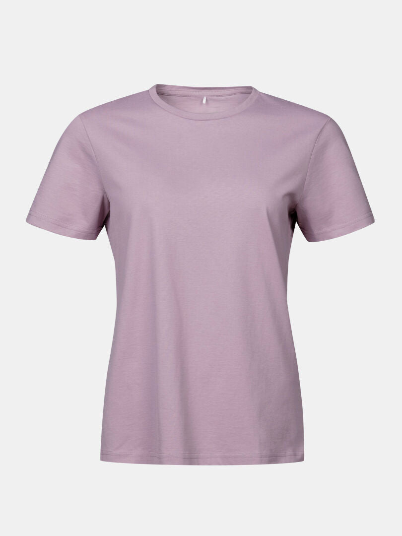 Hellviolettes Halti Matka II Damen T-Shirt mit kurzen Ärmeln und Rundhalsausschnitt, abgebildet auf weißem Hintergrund.