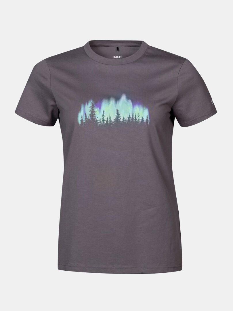 Halti Matka II Damen T-Shirt: graues Kurzarm-T-Shirt mit Bäumen und Polarlicht-Grafik auf einfarbigem Hintergrund.
