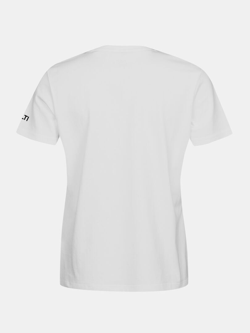 Matka II T-Shirt Damen von Halti, weiß, Bio-Baumwolle, Kurzarm, Rückansicht mit schwarzem Text am linken Ärmel.